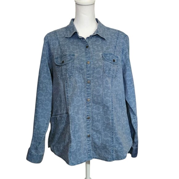 Woolrich Denim Shirt Jacket Snap Front Pockets Blue Floral Womens Size XL - Picture 1 of 10